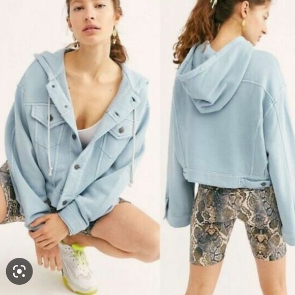 Free People Dreamers Hooded Jacket Blue oversized button closure Size M - Picture 9 of 9